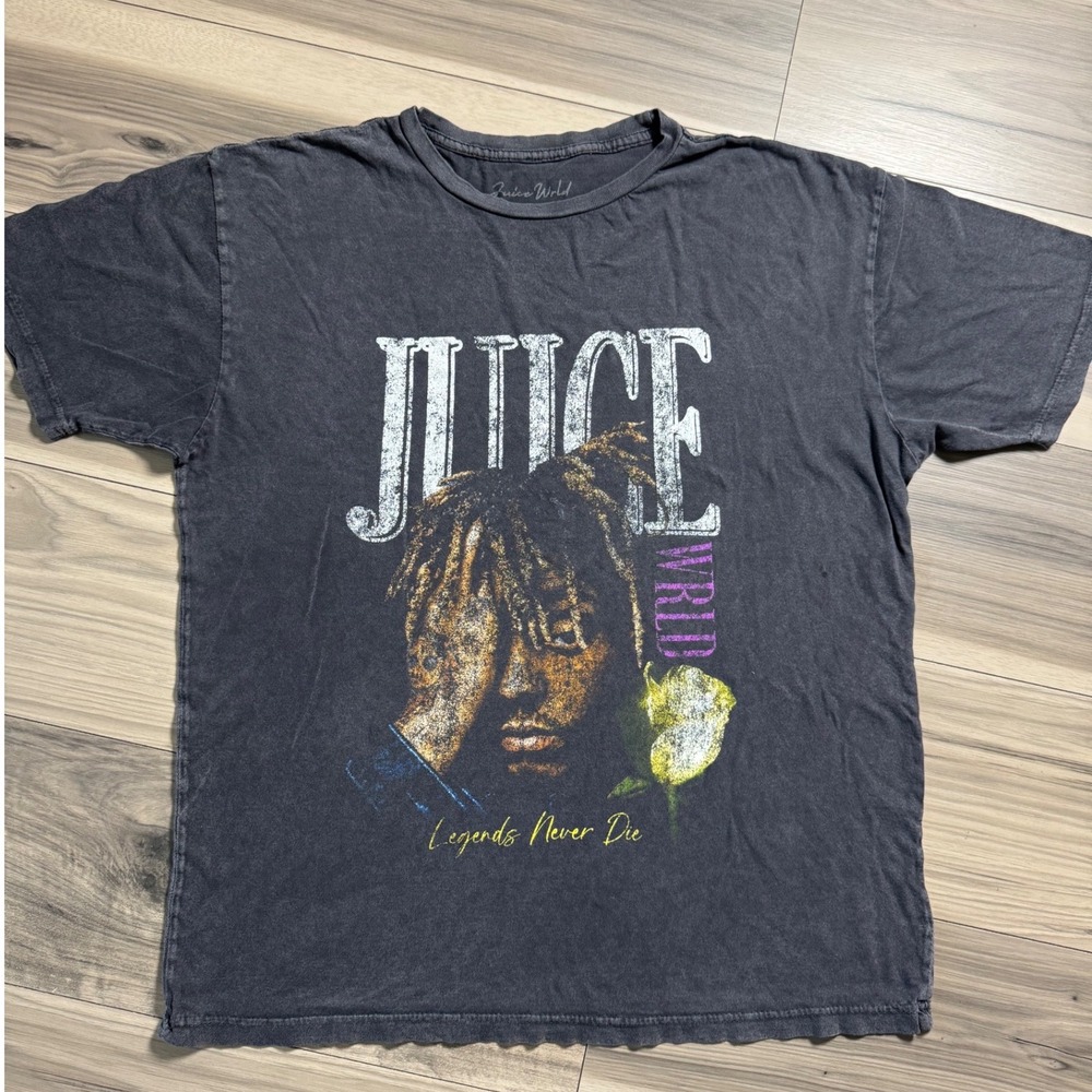Juice WRLD Legends Never Die Graphic T-Shirt Large Black Faded Wash Rap Tee